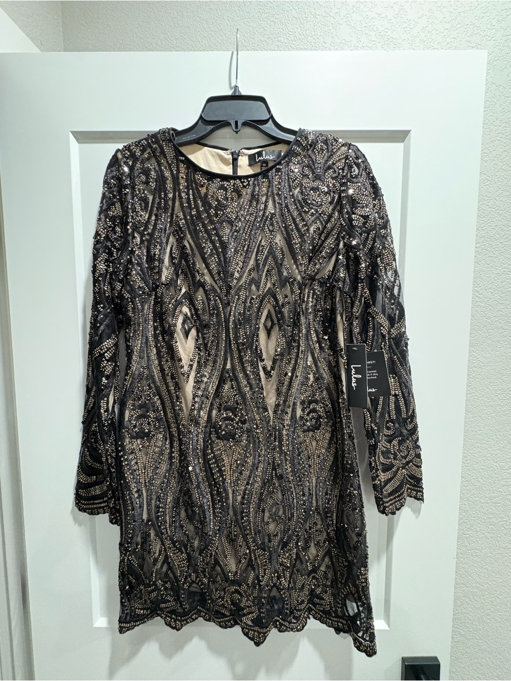 Lulu's Black Beaded Long-Sleeve Cocktail Dress with Nude Lining